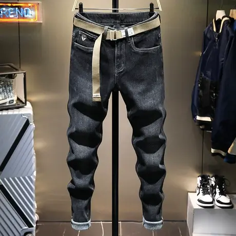 2022新款秋冬款加厚牛仔裤男高端潮牌简约百搭修身抓绒长裤子男商品大图