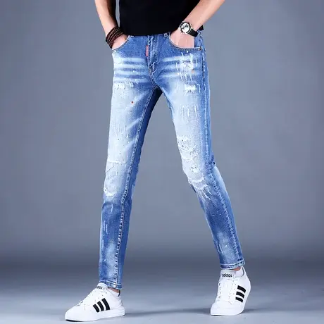 男士破洞牛仔裤男潮牌2023新款秋款男款浅蓝弹力休闲修身小脚裤子图片