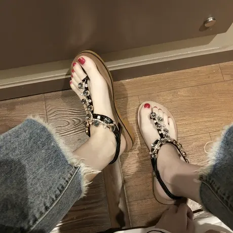 凉鞋女仙女风2023新款坡跟百搭波西米亚水钻凉鞋人字夹趾平底凉鞋商品大图