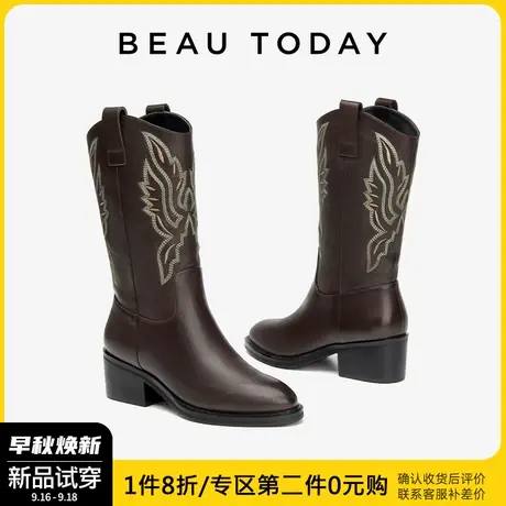 BeauToday西部牛仔靴复古长靴BT秋季长靴女2023新款真皮时装女靴商品大图