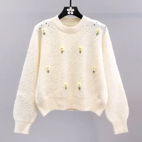立体花朵套头毛衣女秋冬2023新款设计感小众宽松圆领套头针织衫图片