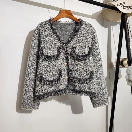 小香风毛衣外套女秋冬新款韩版宽松v领时尚气质名媛针织开衫上衣商品大图
