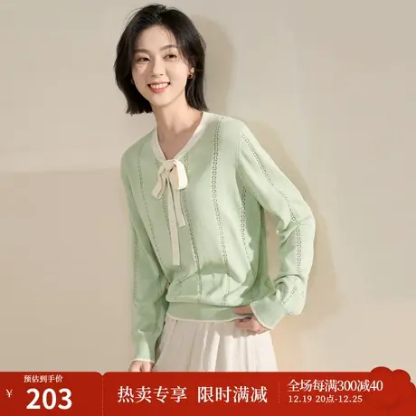 【商场同款】茵曼2023春女装新款法式优雅V领系带挑孔宽松针织衫图片