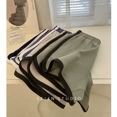 美式学院风高腰撞色拼接运动短裤女宽松跑步健身休闲阔腿热裤夏季图片