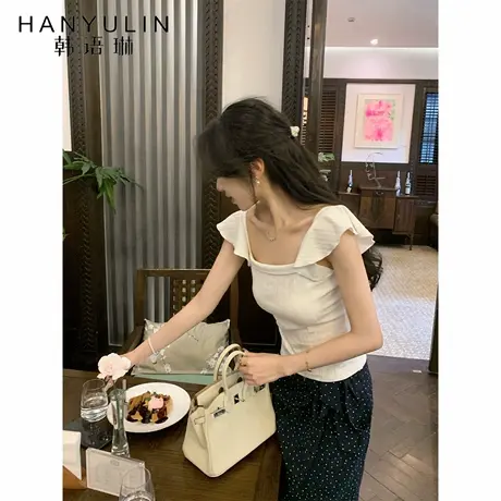 韩语琳 杏色方领吊带背心女夏季韩系通勤针织收腰显瘦掐腰上衣图片