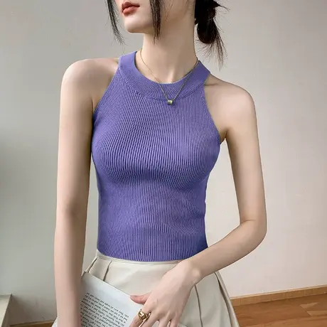 歌倍尚挂脖无袖针织背心女2025春季新款修身显瘦外穿别致内搭上衣商品大图