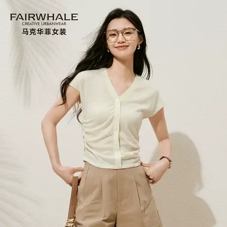 马克华菲丝光羊毛短袖女春夏新款收腰修身V领单排扣正肩针织上衣图片