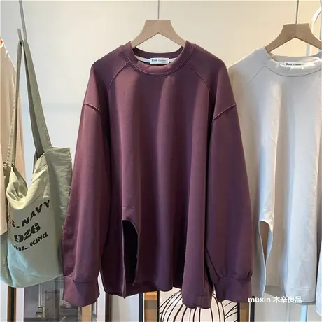 侧开叉圆弧宽松纯色百搭高品质卫衣复古休闲插肩个性设计感卫衣商品大图