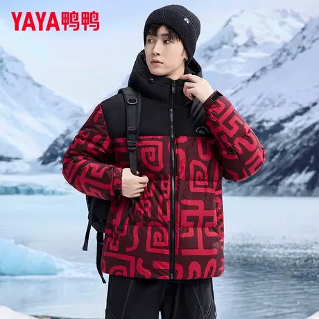鸭鸭短款加厚羽绒服男2025秋冬新品90鸭绒时尚宽松连帽拼色外套PG商品大图