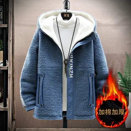 新款羊羔毛夹克男士秋冬季韩版青年学生宽松加厚颗粒绒棉衣外套男商品大图