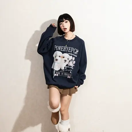 YEP复古少女心印花卫衣女春季圆领插肩袖打底衫宽松2025新款上衣商品大图