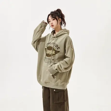 YEP牛油果绿卫衣女加绒连帽2023新款秋冬潮牌复古慵懒风外套图片
