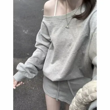 斜领卫衣2025新款女早秋长袖宽松一字肩春秋季高级感慵懒风上衣in商品大图