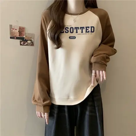美式复古插肩袖圆领卫衣女早秋薄款韩版宽松显瘦撞色拼接潮牌上衣商品大图