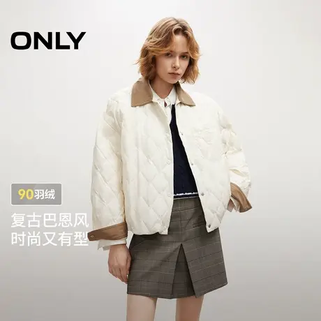ONLY2025冬季新款复古条绒撞色翻领抽绳下摆保暖白鸭绒羽绒服女商品大图