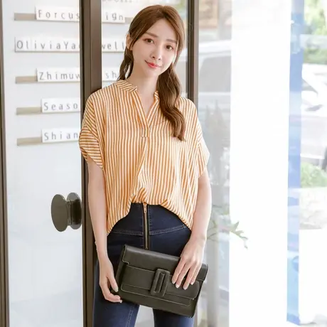桔熊夏季韩系通勤设计感条纹中长款衬衣宽松短袖上衣女大码AB7264商品大图