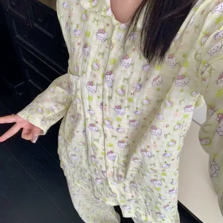 秋季新品!绿苹果格子kitty全棉双层纱家居服翻领长袖长裤睡衣套装商品大图