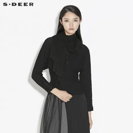 sdeer圣迪奥女装休闲不规则领拼接褶皱长袖衬衫S21380509商品大图