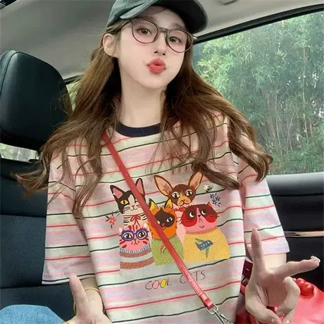 花朵撞色条纹短袖t恤女2025新款夏季美式宽松显瘦小个子正肩上衣图片