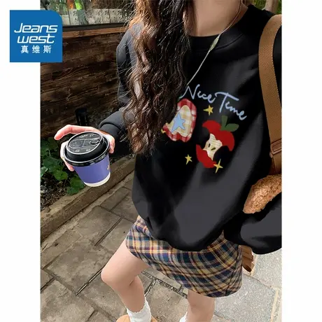 NOW真维斯黑色圆领卫衣女2025新款春秋季韩系小个子无帽长袖上衣商品大图