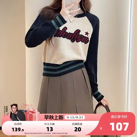 唐狮2025秋冬季毛衣女美式字母插肩袖圆领套头针织衫高级感上衣商品大图
