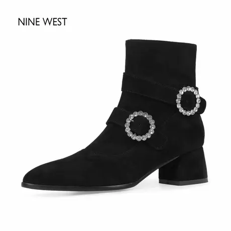奥莱专供Nine West/玖熙法式复古尖头弹力瘦瘦靴粗跟短靴气质女靴图片