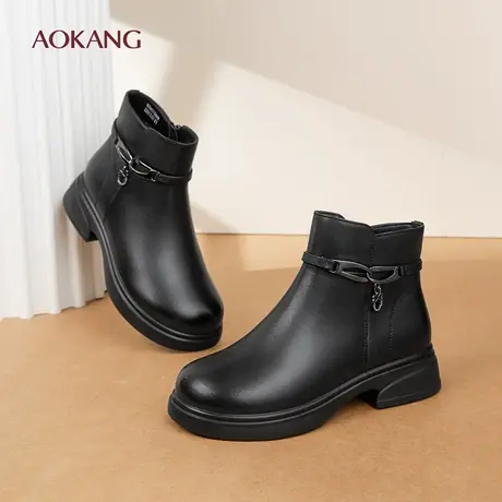 奥康 女鞋2025冬季新款真皮粗跟妈妈短靴加绒保暖棉鞋N图片