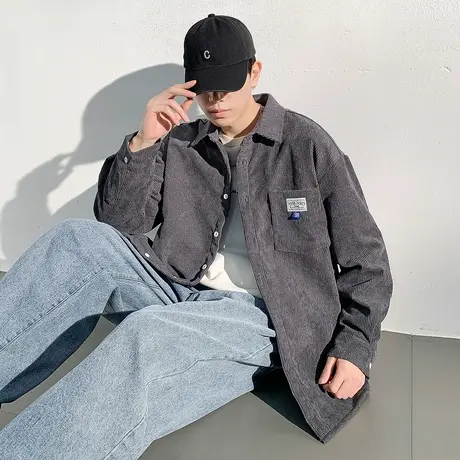 唐狮秋季男款长袖衬衫灰色翻领灯芯绒休闲时尚潮流百搭韩系TMTA图片