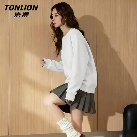 唐狮官方白色圆领卫衣女2026新款春秋款女士休闲宽松无帽上衣女VB商品大图