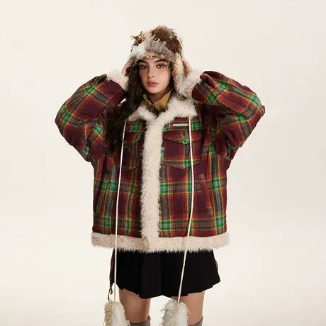 设计感毛边格子棉服女2023新款夹棉冬季外套短款复古宽松潮牌棉衣图片