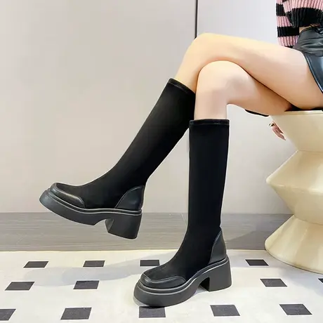 长筒靴女2023新款秋冬长靴子厚底高跟弹力布袜子靴瘦瘦时尚骑士靴图片