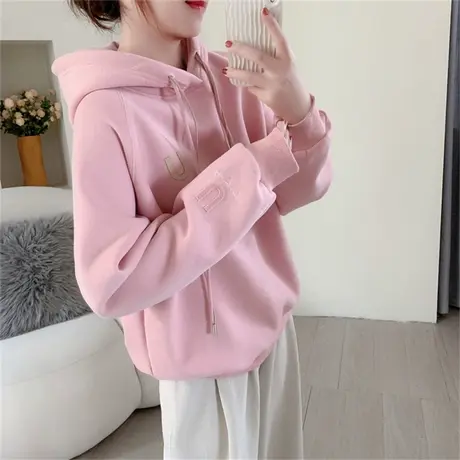 超火小个子加绒加厚连帽卫衣女秋冬新款宽松韩版百搭设计感上衣潮商品大图