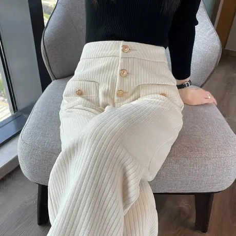 加绒雪尼尔阔腿裤女米色2023新款高腰秋冬拖地小个子灯芯绒直筒裤图片