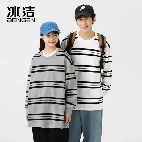冰洁圆领条纹长袖T恤男士秋冬款百搭美式复古卫衣宽松情侣款BYBL商品大图