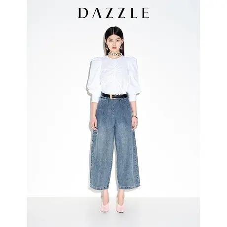 【七七酱专享】DAZZLE地素奥莱春夏蓝色休闲宽松阔腿牛仔裤裤子女商品大图