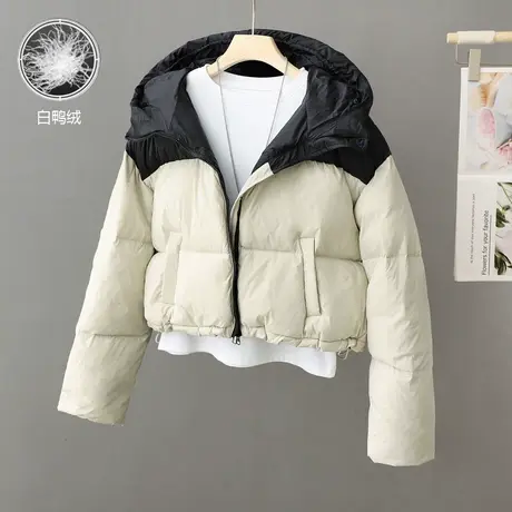 2023新款时尚拼色短款羽绒服女连帽小个子洋气百搭白鸭绒保暖外套图片