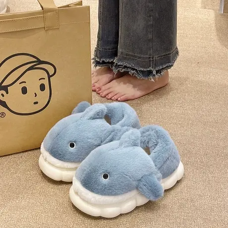 棉拖鞋女冬季2023新款可爱鲨鱼室内居家加绒保暖包跟厚底月子棉鞋商品大图