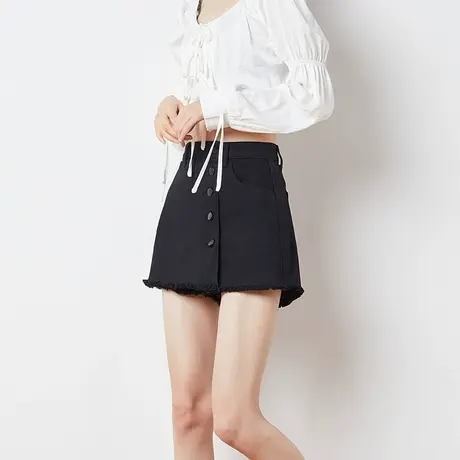 唐狮夏季新款牛仔短裙裙裤女高腰复古单排扣短裙假两件显瘦潮图片