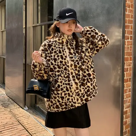唐狮 秋冬装新款厚外套豹纹长袖夹克宽松毛绒外套韩版ins潮ZW图片