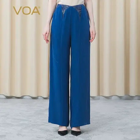 VOA30姆米真丝重磅普鲁士蓝自然腰撞料拼接插袋休闲桑蚕丝直筒裤图片