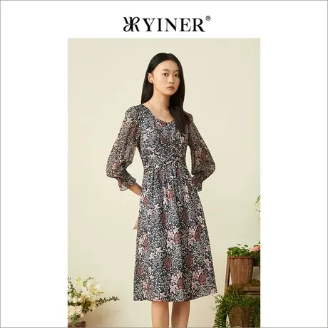 YINER音儿女装春季时尚真丝面料花瓣袖碎花连衣裙图片