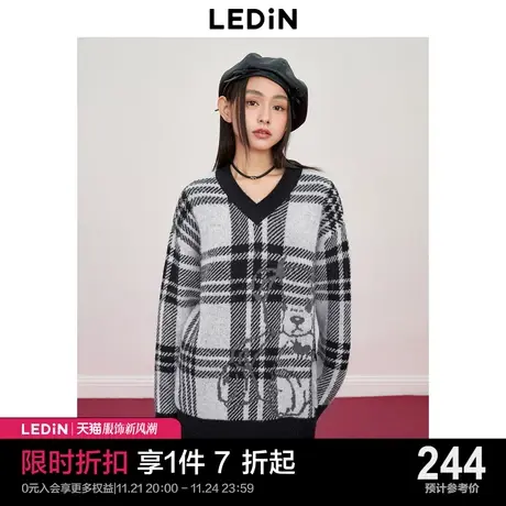 乐町马海毛宽松个性V领线套衫2023年冬新款格纹小熊提花少女毛衣商品大图