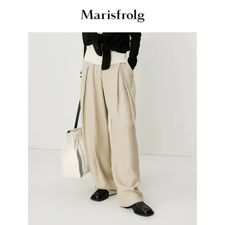 【亚麻手感】玛丝菲尔秋季新款垂感米卡其色大气宽松休闲裤女商品大图