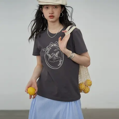 omont蛋挞家天使印花短袖上衣设计感小众女夏季宽松圆领正肩女t恤图片