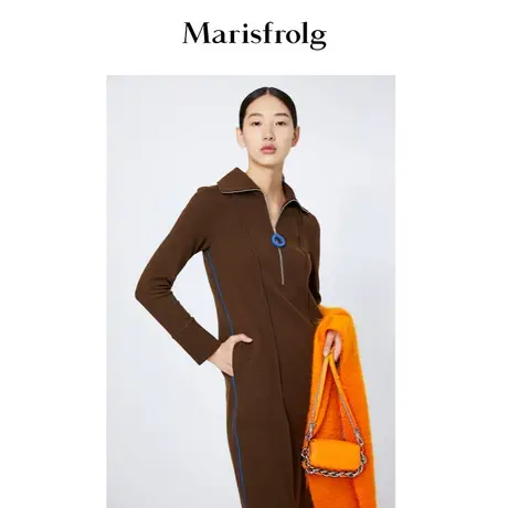 【言选好物】玛丝菲尔冬季新款咖啡色拉链翻领长袖连衣裙图片