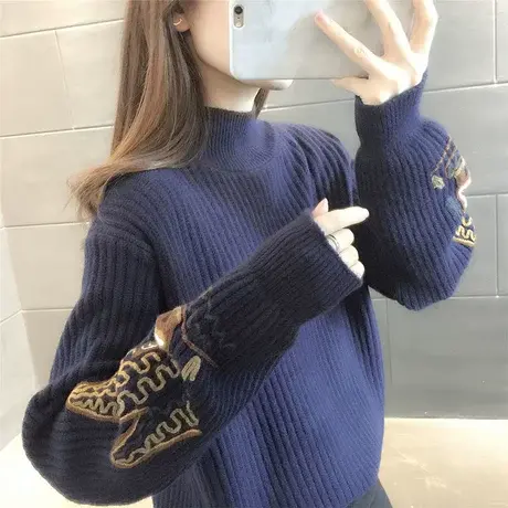 2022秋冬新款韩版女装半高领毛衣女套头宽松外穿绣花针织衫女毛衣商品大图