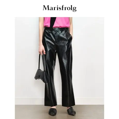 【商场同款】玛丝菲尔2023年秋季新款黑色蛇纹时尚束腰微喇裤女商品大图