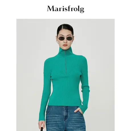 #多巴胺穿搭# 玛丝菲尔冬松石绿半拉链针织套头羊毛针织衫图片