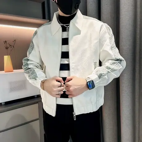 秋季休闲外套男潮牌网红ins满印拼色设计个性短款翻领夹克上衣男商品大图