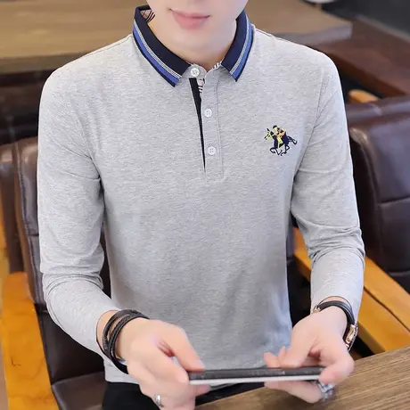 秋季纯棉翻领长袖T恤男士Polo衫韩版修身个性撞色刺绣休闲潮上衣商品大图